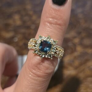 BP Bomb Party Gold Ring 5 Paraiba Tourmaline Blue Center Stone, Green Accent